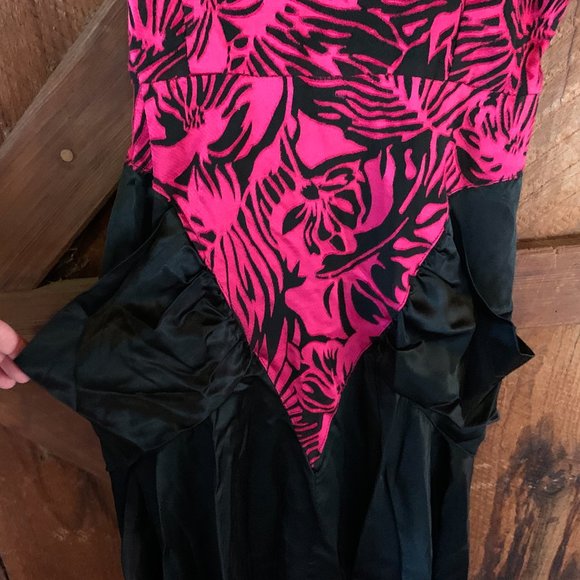 FAB 80s Pink Black Tropical Structural Midi Dress - Picture 2 of 7